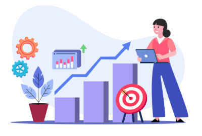 illustration of businss growth with a Google Business Profile, tracking numbers a cartoon person with laptop in front of the graph